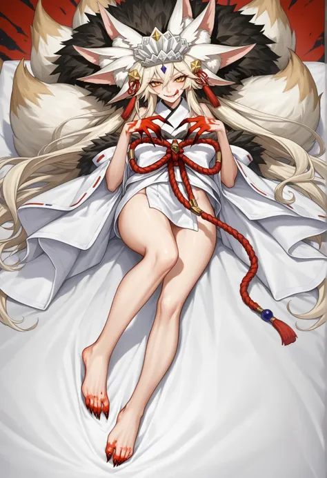 solo <lora:Koyanskaya_pony:1> 1girl, blonde hair, yellow eyes, long hair, low twintails, crown, fox ears, fox tail, extra ears, extra tails, japanese clothes, white kimono, wide sleeves, rope belt, feather trim, claws, blood on hands, talisman, laying, on bed, evil smile, barefoot, blood on feet, tongue out, licking lips, score_9, score_8_up, score_7_up, score_6_up, score_5_up, score_4_up, BREAK source_anime, masterpiece