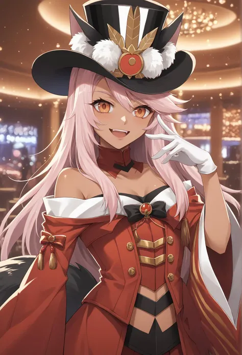 evil smile, hand on hat, open mouth, solo <lora:Koyanskaya_pony:0.8> 1girl, dark skin long hair, pink hair, orange eyes, fox ears, fox tail, black animal ears, black tail, striped clothes, red dress, long sleeves, wide sleeves, black miniskirt, off shoulder, corset, top hat, single thighhigh, White gloves <lora:Kuro_pony_v2:1> tube top, turtleneck, upper body, indoors, casino, score_9, score_8_up, score_7_up, score_6_up, score_5_up, score_4_up, BREAK source_anime, masterpiece