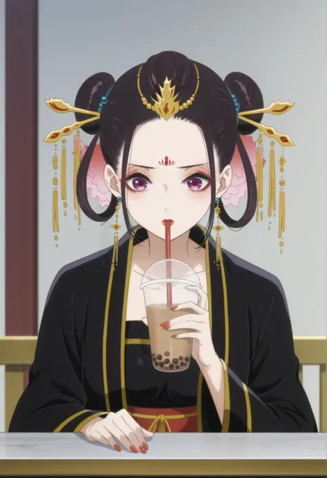 anime screencap, 1girl, black hair, purple eyes, sidelocks, double bun, hair rings, chinese hairpin, hair ornament, forehead mark, hair flower, makeup, eyeshadow, lipstick, eyeliner, jewelry, chinese clothes, black dress, bubble tea challenge, drinking straw <lora:raven_inner_palace:1>, score_9, score_8_up, score_7_up, score_6_up, score_5_up, score_4_up, BREAK source_anime, masterpiece