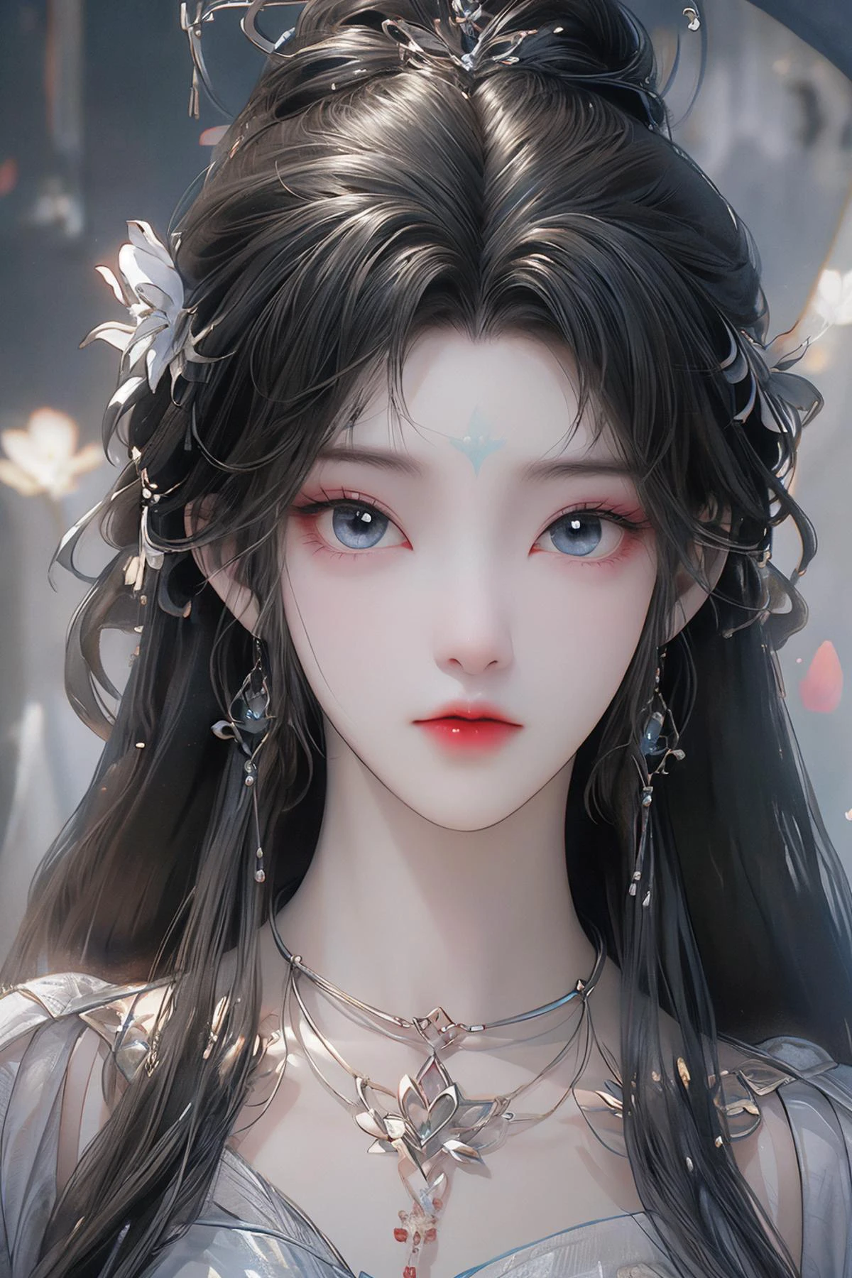 <lora:QingYi:1>,qingyi,1girl,jewelry,hair ornament,solo,blue eyes,necklace,forehead mark,earrings,long hair,facial mark,dress,upper body,blurry background,black hair,looking at viewer,blurry,expressionless,brown hair,closed mouth,chinese clothes,hair flower,flower,
<lora:MoXinV1:0.2>,shuimobysim,wuchangshuo,bonian,zhenbanqiao,badashanren,<lora:wrenchmandarincharm:0.2>,wrenchmandarincharm,hanfu,<lora:GoodHands-beta2:0.1>,<lora:Add More Detailsç»èè°æ´:0.3>,<lora:anxiang:0.2>,<lora:0大æ¼:0.1>,silver foil texture,linen texture,, best quality , masterpiece, illustration, an extremely delicate and beautiful, extremely detailed ,CG,unity,8k wallpaper, Amazing, finely detail, masterpiece, best quality,official art,extremely detailed CG unity 8k wallpaper,absurdres, incredibly absurdres, huge filesize , ultra-detailed, highres, extremely detailed,beautiful detailed girl, extremely detailed eyes and face, beautiful detailed eyes,light on face,