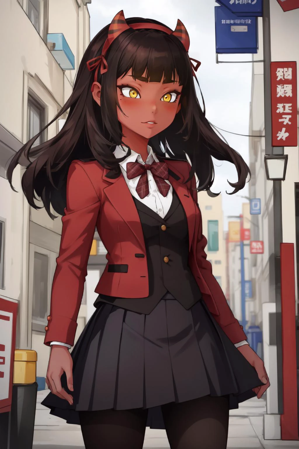 (masterpiece, best quality), intricate details,
1girl, <lora:MeruSkudbutt:0.8> MeruSkudbutt, red skin, yellow eyes,
<lora:kurumitokisakitest-clean:0.8>hairband, dress, bow, ribbon, gothic fashion, gothic,, school uniform, jacket, pantyhose, pleated skirt, black pantyhose,,