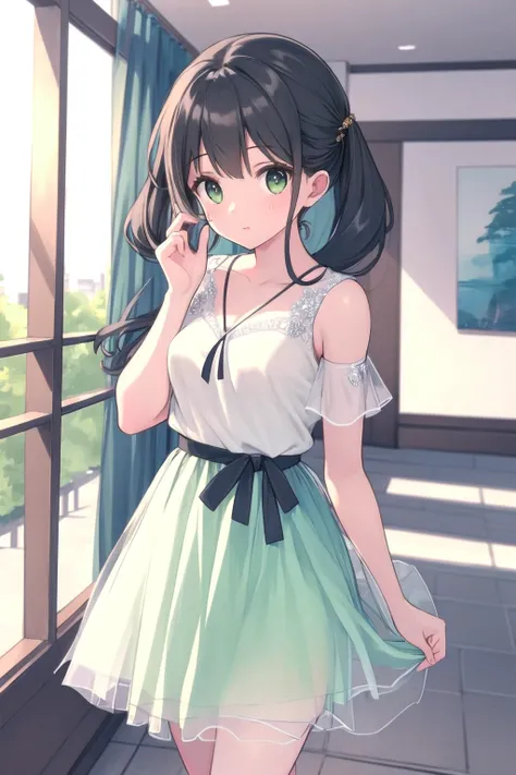 (masterpiece, best quality), (one girl) (solo:1.4), the background is (indoors room), tulle chiffon, <lora:tulle_chiffon:1>