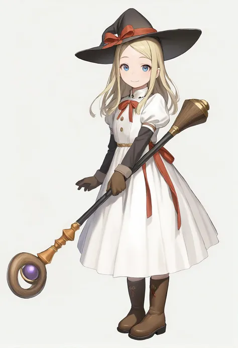 1girl,
murata range,
hat, standing, puffy short sleeves, animal ears, solo, blonde hair, sidelocks, short sleeves, smile, parted bangs, short over long sleeves, white dress, ribbon, full body, gloves, holding, dress, hat ribbon, red ribbon, layered sleeves, blue eyes, brown gloves, closed mouth, puffy sleeves, long sleeves, boots, looking at viewer, brown footwear, holding staff, long hair, simple background, staff, grey background, witch hat,
masterpiece, best quality, newest, safe
<lora:murata_range_image737_2024-03-28_a31:1>