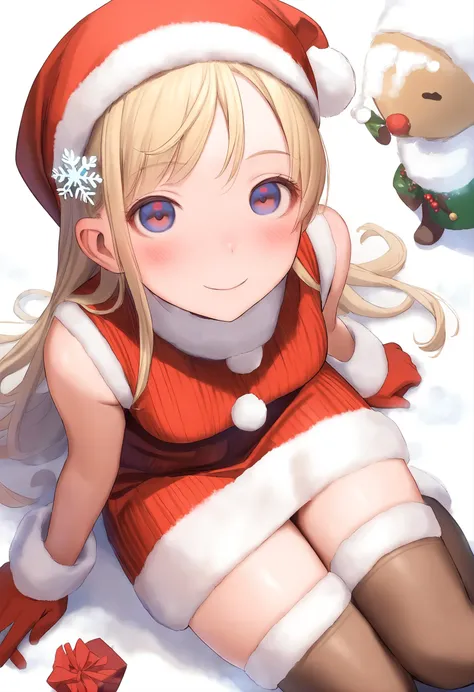 1girl, 
murata range, 
looking at viewer, red eyes, blonde hair, ribbed sweater, santa hat, sleeveless, looking up, boots, merry christmas, dated, headgear, dress, blush, snow, blue eyes, sweater, turtleneck, hat, sweater dress, zettai ryouiki, turtleneck sweater, from above, sitting, thighhighs, white background, red gloves, gloves, christmas, brown legwear, sleeveless sweater, snowflake hair ornament, closed mouth, long hair, smile, red dress, solo focus, fur trim, hair ornament, 
masterpiece, best quality, newest,  safe
 <lora:murata_range_image737_2024-03-28_a31:1>