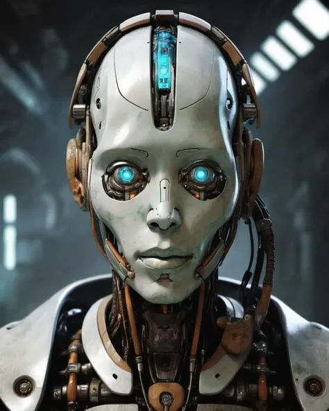 Echoes , high quality portrait of a futuristic ancient cyborg,<lora:Echoes_sdxl:1.0>