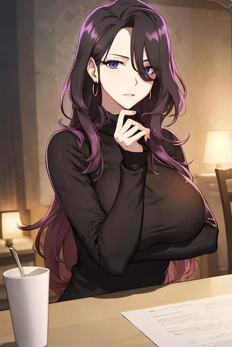 (masterpiece:1.2, best quality), (finely detailed beautiful eyes: 1.2), solo focus, landscape, (extremely detailed CG unity 8k wallpaper, masterpiece, best quality, ultra-detailed, best shadow), (detailed background), (beautiful detailed face, beautiful detailed eyes), 1girl, GoYeonju, black sweater, oversized sweater, long sleeves,serious, evil, villian, cafe, jewelry, large breasts, High contrast, beautiful elegant woman, adult, (best illumination, an extremely delicate and beautiful),(amazing backround, indoors), looking at viewer,beautiful detailed glow,