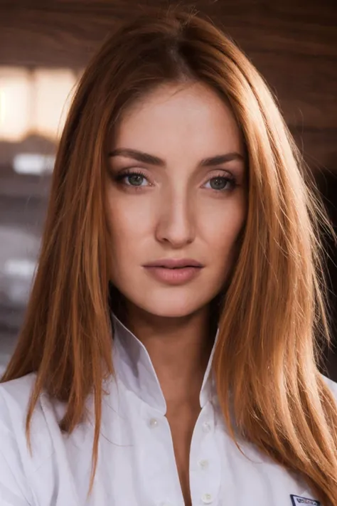 1 woman, orange long hair,, tanned skin, blue eyes, happy, excited, loose wide open clothing in women's clothing, vegetation, casual, light brown blazer, realistic, realistic, with experience in a chic restaurant, photorealism, photorealism, cinematography, looking at the camera, ((Isolation:1.1 ), extremely detailed skin, (((((to the looking at the camera)) )), full shot