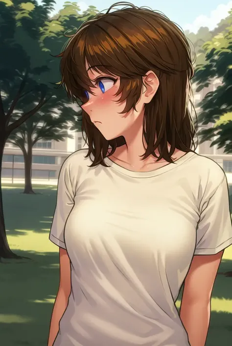 masterpiece, best quality, solo, (detailed lighting, depth of field:0.9), park, tshirt,
arms behind back,
profile,
:/,
<lora:MlethBK-v2:0.6>