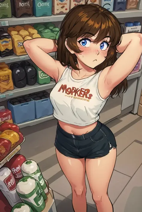 masterpiece, best quality, solo, (detailed eyes:0.9), (detailed lighting, depth of field:0.9),
arms behind head,
supermarket,
from above,
day,
cropped legs,
shorts under skirt,
:<,
<lora:MlethBK-v2:0.6>
