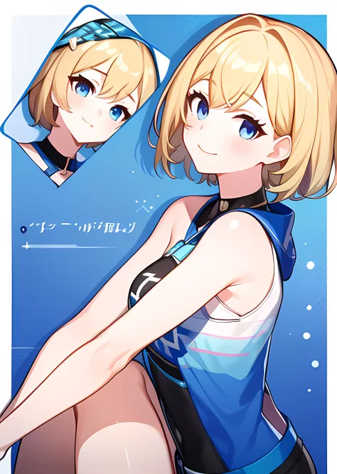 Blonde hair, short mash hair, turquoise eyes,A girl with impressive blonde hair、hair ornaments、short bob、hot pants、smile、dynamic pose, Pink bondage suit, mocking smile