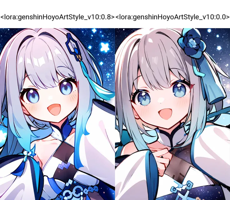 dutch angle, (focus, closeup, portrait:1.2)
guizhong_genshin, default_dress, starry sky print, sleeves over wrists
smile, happy face, cute face, :D, open mouth, looking at viewer,
masterpiece, best quality, 1girl, solo,
<lora:genshinHoyoArtStyle_v10:0.8>, <lora:guizhongGenshinImpact_guizhongv1:1>