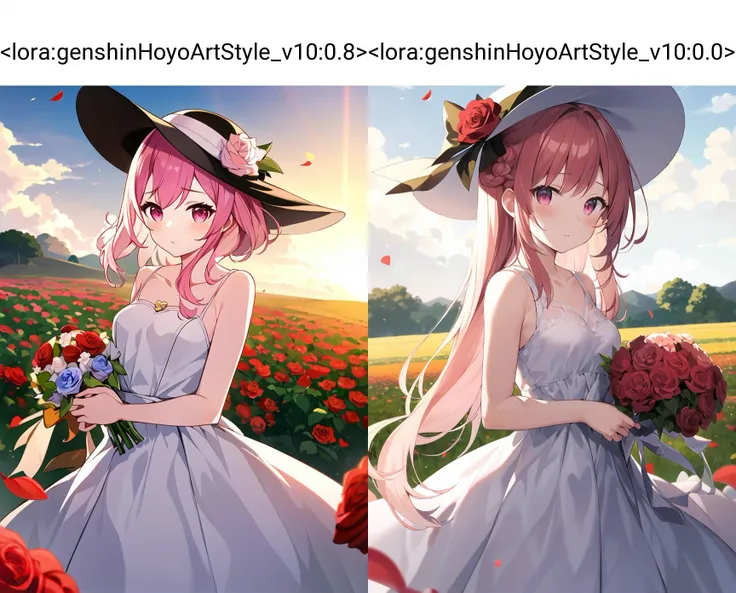 ((masterpiece, best quality)), 1girl, flower, solo, dress, holding, sky, cloud, hat, outdoors, bangs, bouquet, rose, expressionless, blush, pink hair, flower field, red flower, pink eyes, white dress, looking at viewer, midium hair, holding flower, small breasts, red rose, holding bouquet, sun hat, white headwear, depth of field,
<lora:genshinHoyoArtStyle_v10:0.8>