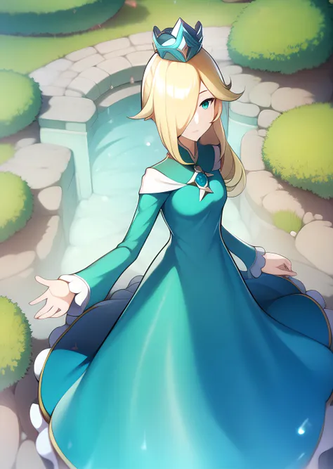 <lora:rosalinaMario_v10:1> blond hair, aqua dress, looking at viewer, outdoors, simple background, crown, standing, fullbody, <lora:genshinHoyoArtStyle_v10:1>