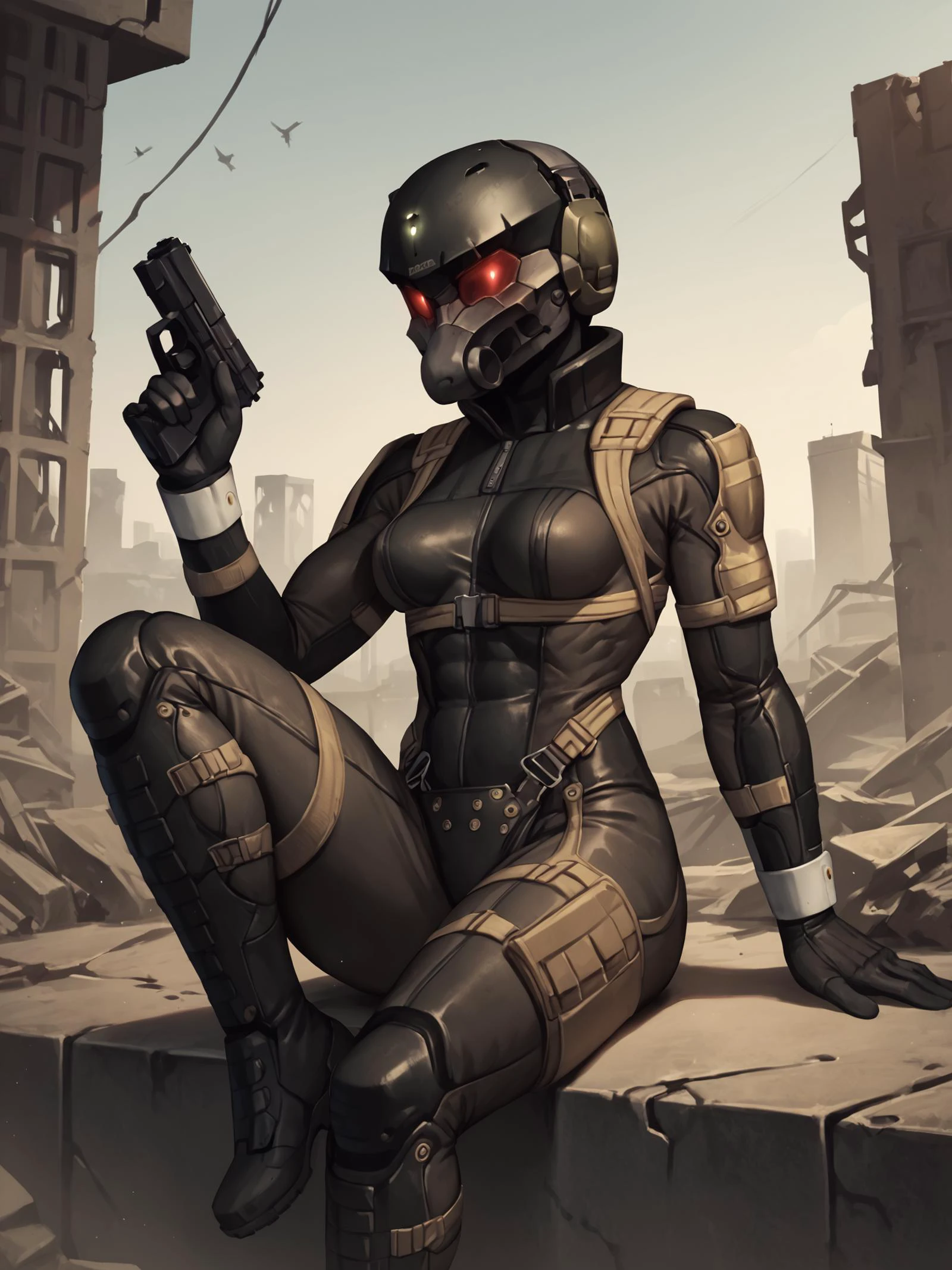 score_9, score_8_up, score_7_up, score_6_up, score_5_up, score_4_up, detailed background, outside, city, ruins, dust BREAK
<lora:HavenTrooper:0.9> 1girl, helmet, mask, red eyes, empty eyes, medium breasts, athletic female, sitting, looking aside, holding gun, pistol, bodysuit, boots