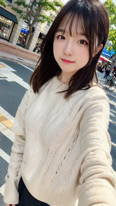 1girl,  masterpiece, (photorealistic:1.4), best quality, beautiful lighting,(sweater), RAW photo, 8k uhd,happy, <lora:JapaneseDollLikeness_v15:0.15>, <lora:010-v2:0.85> , selfie, short hair, outdoors, street, crowd, upper body,