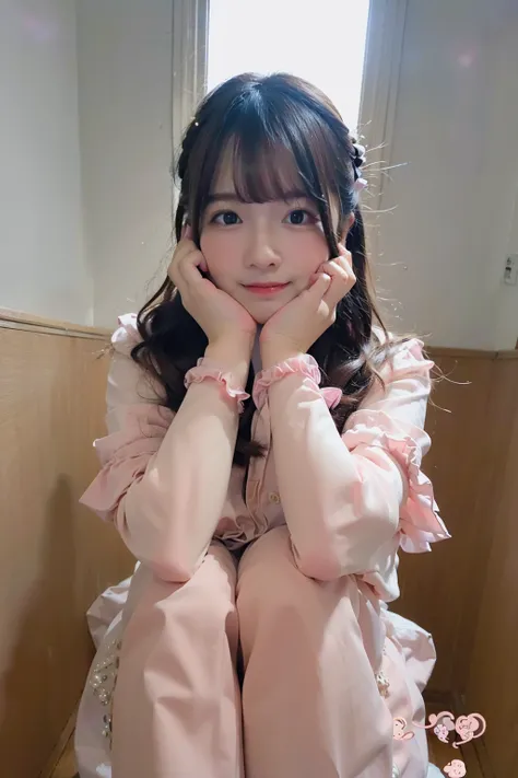 {{8k, RAW photo, highest quality, masterpiece}},(Feminine Photo:1.3) of (Ultra detailed:1.3),(Happy:1.3) best quality,ultra high res,((realistic photo)),Long hair,Baby fat,medium_breasts,hugging own legs,(ultra detailed:1.3), (cinematic color grading),Analog film,1girl,warm sunlight,Highly Detailed,(Pastel Colors:1.3),linyining