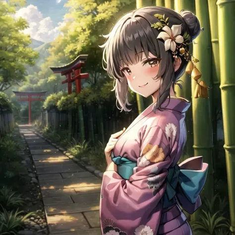 masterpiece,1girl, <lora:sunhyun_v2-21:1> sunhyun,kimono, smile, hair bun, hair flower, japanese clothes, torii, bamboo forest, stone path, stream, detailed background