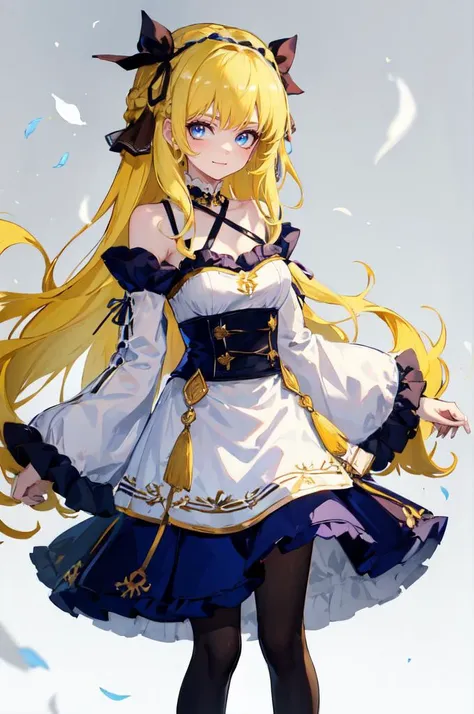 <lora:kashu:1> white and blue theme,, ultra detailed, masterpiece, best quality, solo, soft smile, light smile,
1girl, blue eyes, very long hair, blonde hair, long blonde hair, french braid, bangs, medium breasts,
hair ribbon, frilled choker, criss-cross halter, sleeveless dress, high-waist skirt, backless dress, waist bow, detached sleeves, frilled sleeves, wide sleeves, pantyhose, patterned legwear, mary janes,