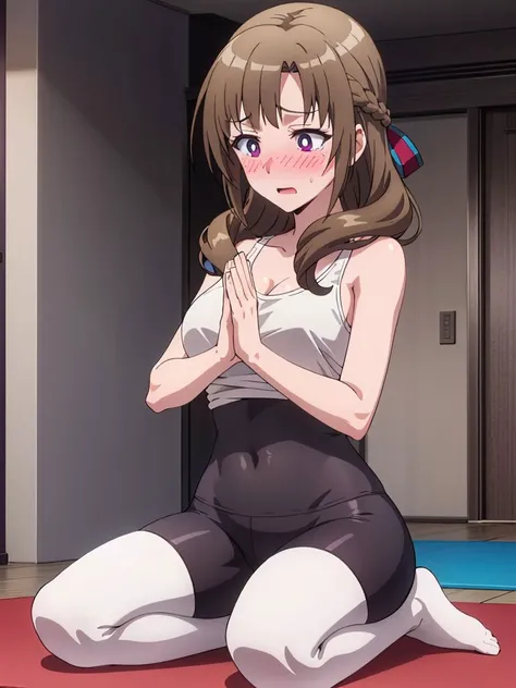 MOV2, 1girl, solo, casual dress, blush, embarrassed, (tank top:1), yoga pants, aerobic exercises, yoga mat, perfect quality, good quality, masterpiece, HDR, UHD,1.4.1 <lora:Mamako Oosuki V2:0.6>