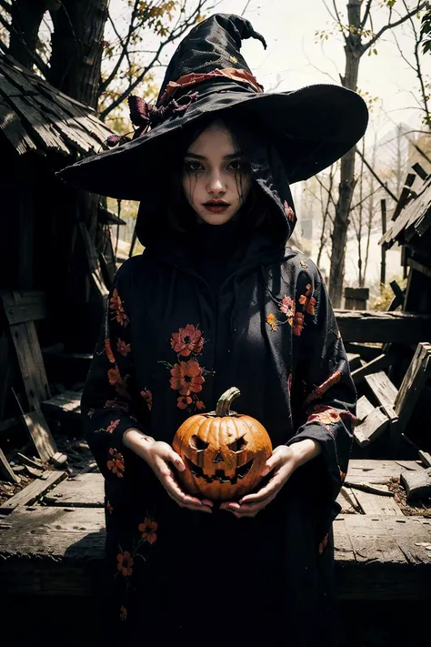 1girl(masterpiece, top quality, best quality, art, beautiful and aesthetic:1.2),(1girl),extreme detailed,(art:1.3),colorful,highest detailed,halloween,witch hat,hooded robe,jack-o'-lantern,withered tree background,<lora:Terror1:0.5>,Terror,gloomy,dark,