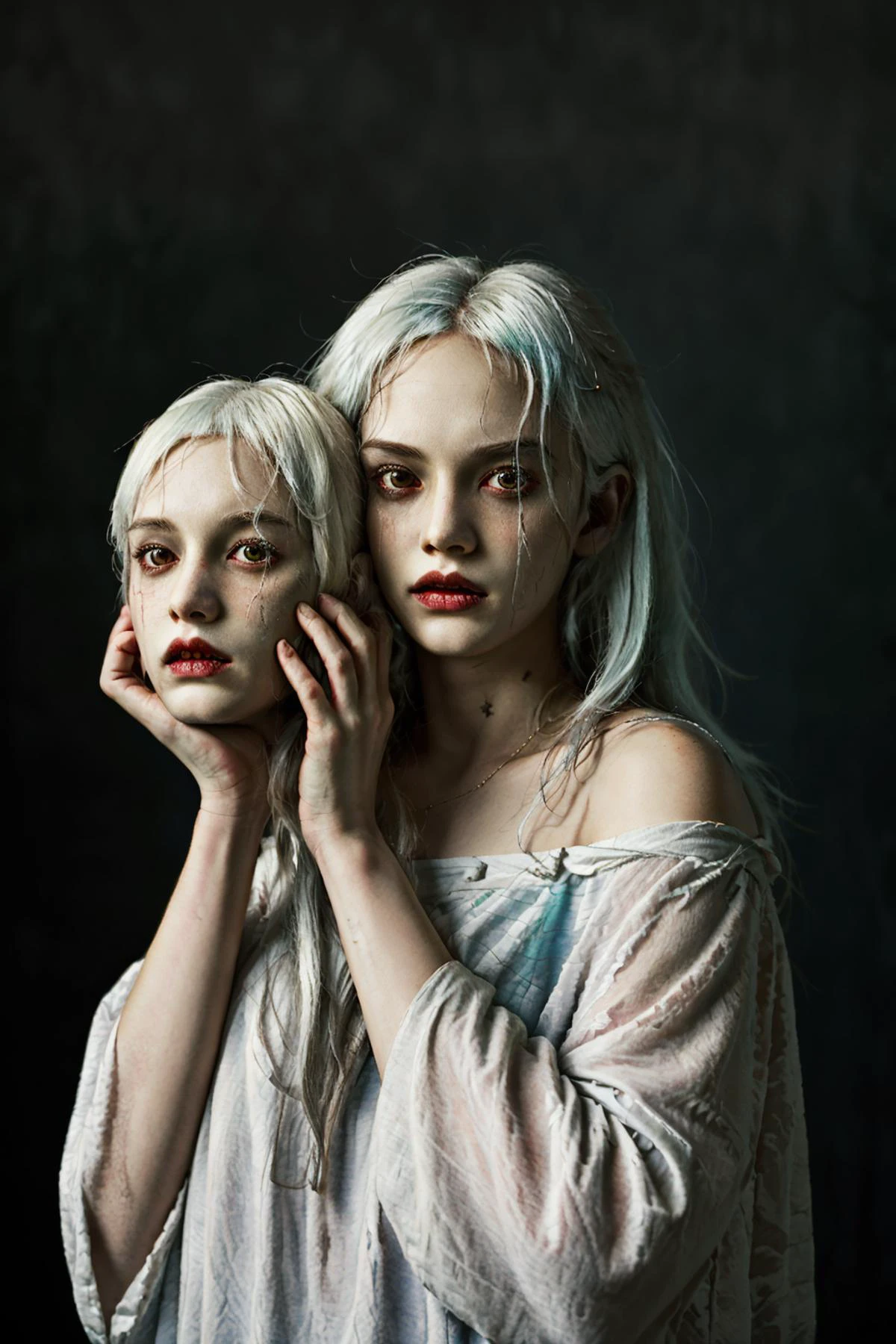 1girl Holding a head in hand,crazy,white hair, (masterpiece, top quality, best quality,),art,,highest detailed Terror, Dark, and gloomy <lora:Terror1:0.6>