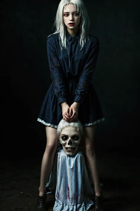 1girl (Holding a head in hand),crazy,white hair, (masterpiece, top quality, best quality,),art,,highest detailed Terror, Dark, and gloomy <lora:Terror1:0.6>