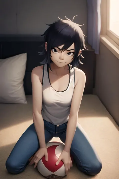 detailed, ray tracing, anime in real life, photo background 1girl, solo, long hair, looking at viewer, jeans, tank top, slight smile, happy, chilling, <lora:noodlegorillaz-guy-v3:0.85> noodlegorillaz, black hair, short hair, black eyes, indoors, kneeling, from above