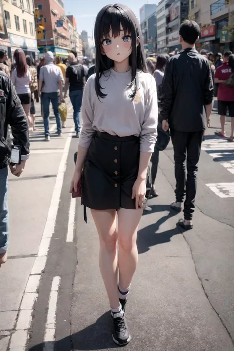 anime in real life, photo background 1girl, solo, long hair, looking at viewer, crowd, walking,