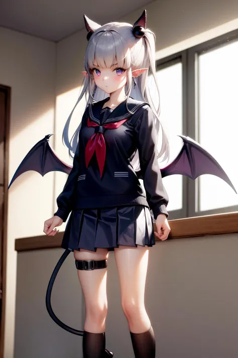 masterpiece, best quality, highres, 1girl naruse animal ears, demon wings <lora:naruse_demon:1> serafuku, school uniform, pleated skirt