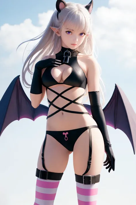 masterpiece, best quality, highres, 1girl naruse animal ears, demon wings, black panties pink and white striped thighhighs black gloves crop top midriff underboob <lora:naruse_demon:1> standing, (photorealistic:1.2)