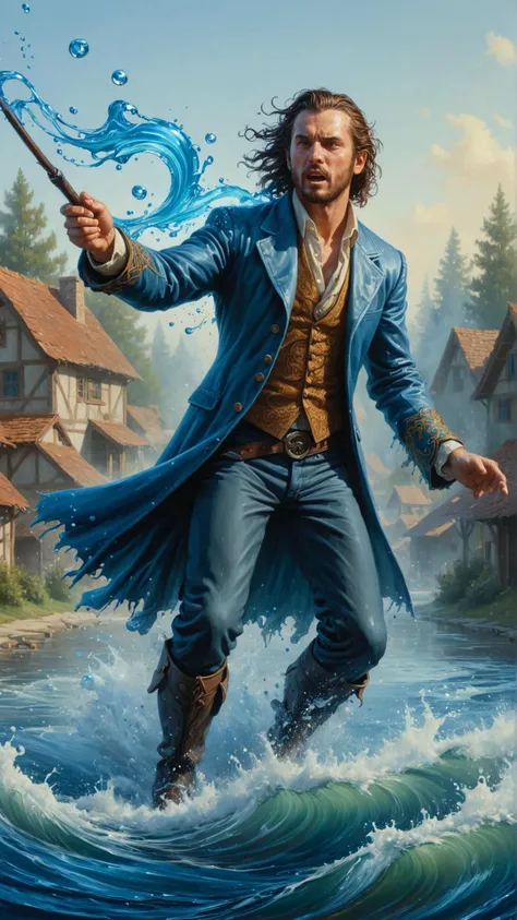 <lora:ElementWaterSDXL:1>ElementWater beautiful painting of a male halfing bard, casting fireball and killing a whole village, painted by greg rutkowski, water, swirling, splash