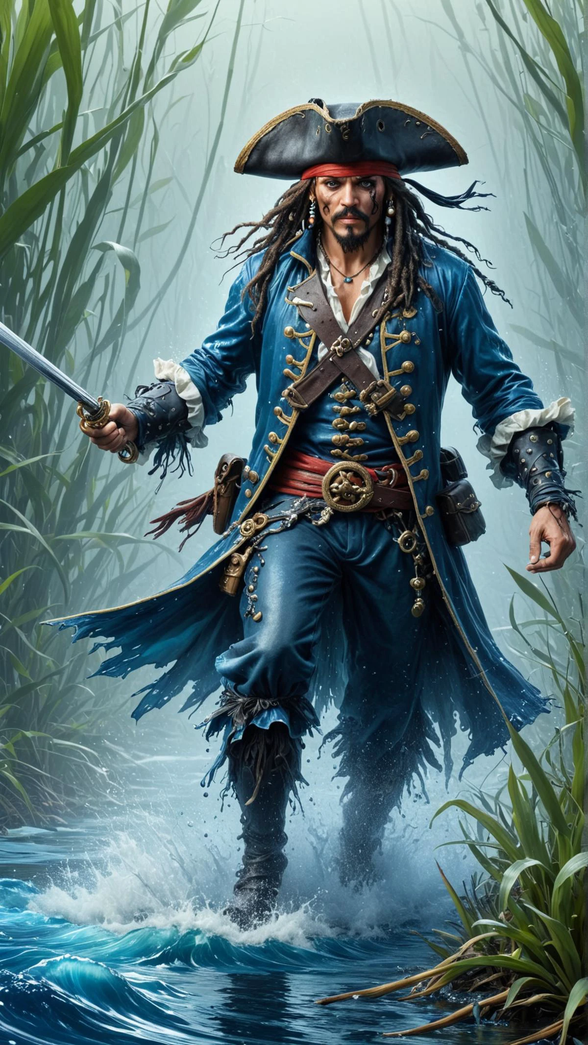 <lora:ElementWaterSDXL:1>ElementWater a ruthless pirate tracking his prey through a marshland, water, swirling, splash