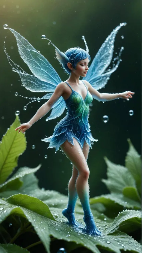 <lora:ElementWaterSDXL:1>ElementWater a pixie dancing on a dewy leaf in the early morning, water, swirling, splash