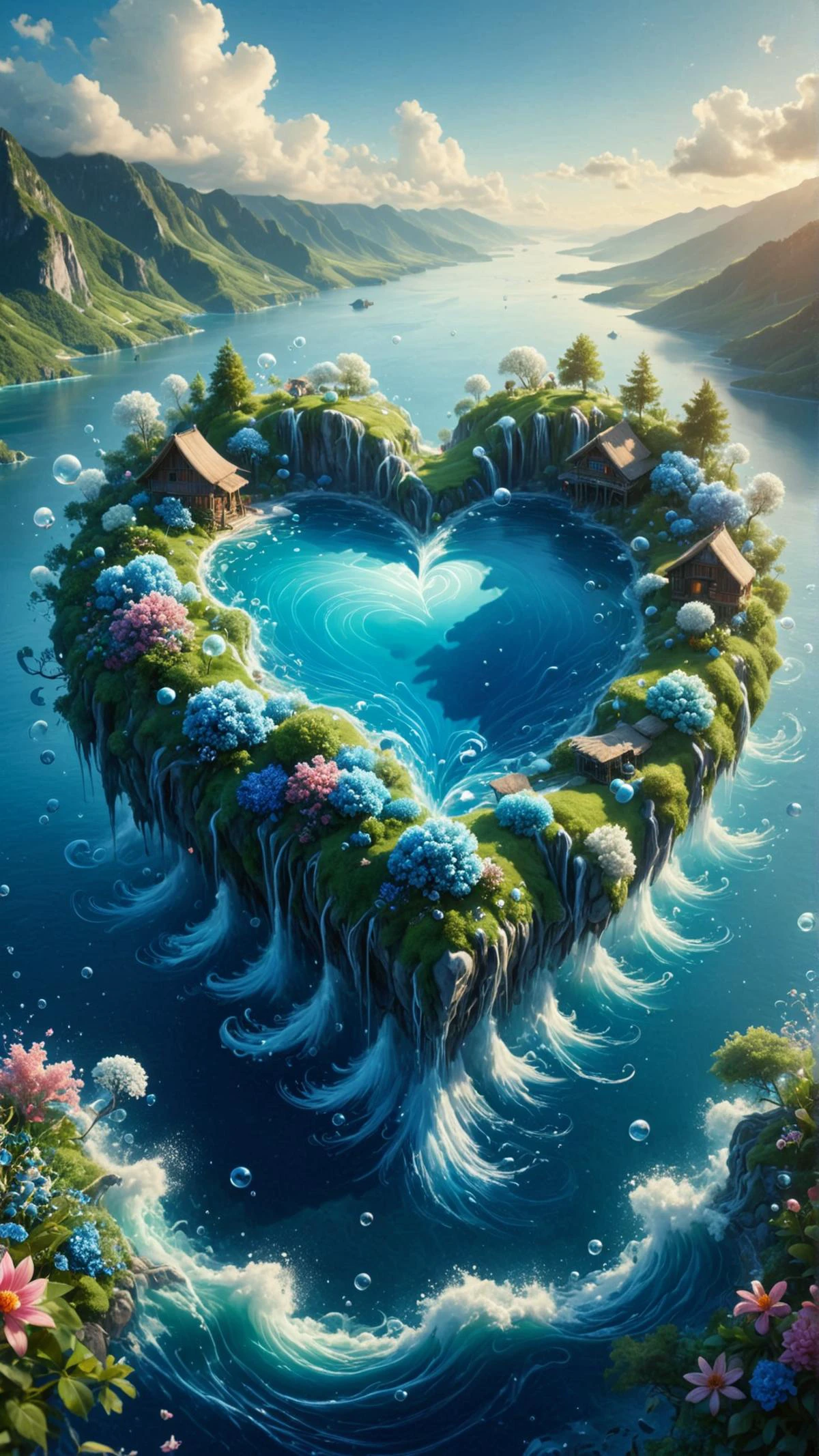 <lora:ElementWaterSDXL:1>ElementWater Fantasy illustration of a heart-shaped island floating among fluffy clouds, lush greenery, colorful flowers, clear blue water, waterfalls, small thatched huts, people in traditional clothing, warm sunshine, bright blue sky, dramatic birds-eye view, vibrant, detailed, whimsical, fairy tale, magical, illustration, artstation, concept art, digital painting, illustration, wide angle, artbook, wallpaper, splash art, promo art, dramatic lighting, water, swirling, splash