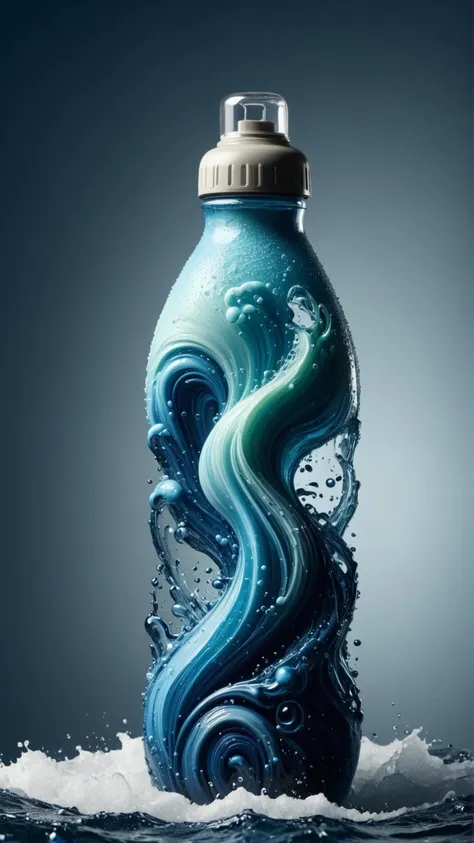 a bottle of water with a wave on it sitting on top of a wave