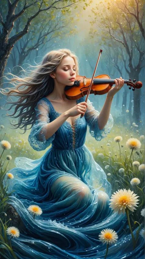 <lora:ElementWaterSDXL:1>ElementWater Fantasy oil painting of a small violin being played softly next to a large, peaceful, stone-like giant lying down with eyes closed, surrounded by a field of floating, whimsical dandelions in the wind, soft pastel color palette, sunset background, gentle smile on the giant's face, detailed texture on the violin and the giant's skin, impressionistic style, golden light, dreamy atmosphere, magical, concept art, artstation, wallpaper, illustration, surreal, enchanting, water, swirling, splash