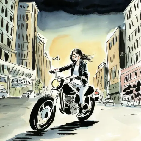 drawix12girl on a motorbike in the big city <lora:drawix12:0.7>