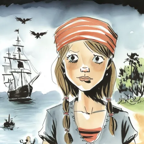 drawix12 pirate girl, island and pirate ships in the background <lora:drawix12:0.7>