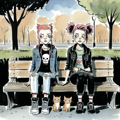 drawix12 two punk girls and a cat are sitting on a bench in a city park <lora:drawix12:0.7>