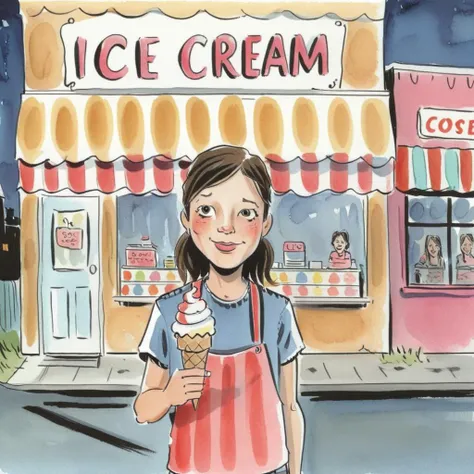 drawix12 cheerful girl sells ice cream a colorful ice cream shop in the background<lora:drawix12:0.8>