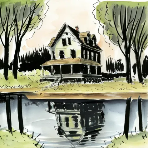 drawix12 abandoned house on the river among the trees <lora:drawix12:0.7>