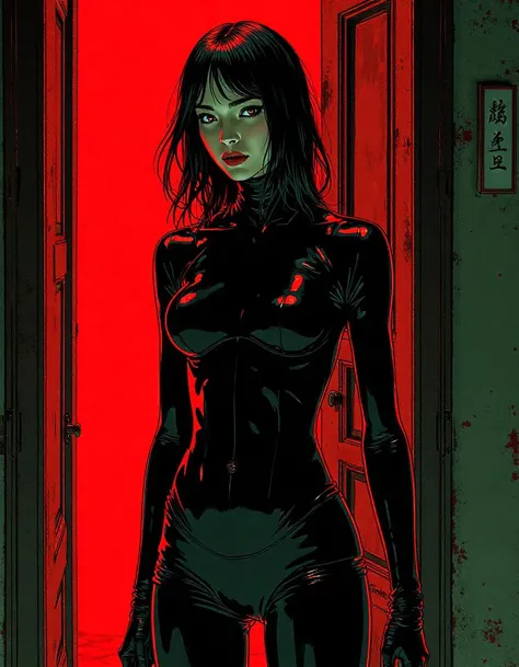 A matrix style illustration of Alien wearing latex in the style of Nisio Isin's Kizumonogatari, artwork by Oh! great and Vofan, bold colours, minimalistic colour scheme, pulp fiction