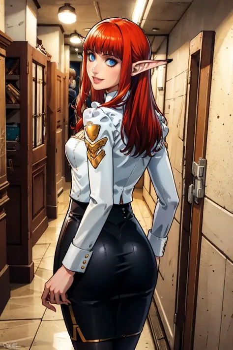 masterpiece, best quality, hulkenberg, white blouse, pencil skirt, looking at viewer, smile, from behind, corridor <lora:hulkenberg-nvwls-v2-000012:0.9>