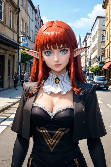 masterpiece, best quality, hulkenberg, ascot, cleavage, black shirt, black jacket, upper body, looking at viewer, smile, city square <lora:hulkenberg-nvwls-v2-000012:0.9>