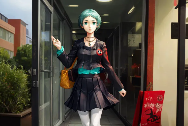 <lora:persona3_yamagishi:1> yamagishi fuuka, school uniform, skirt, white pantyhose, jewelry, necklace, aqua eyes, <lora:add_detail:1>