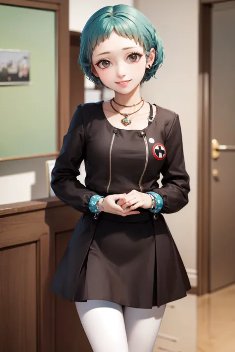 (masterpiece, best quality:1.2), <lora:persona3_yamagishi-12:1>, cowboy shot, solo, 1girl, yamagishi fuuka, smile, looking at viewer, school uniform, skirt, white pantyhose, jewelry, necklace