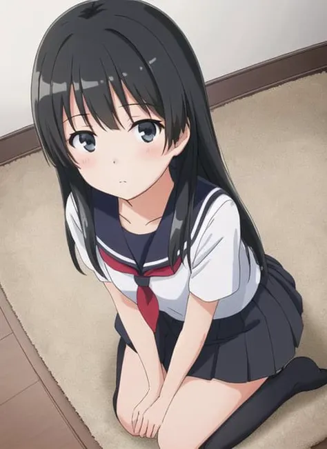 <lora:saten:0.5> ,saten ruiko,very detailed ,highres,(masterpiece_1.0),(best quality_1.0),(seiza),(body in frame),((on knees)),((kneeling)),thigh highs,1girl, full body,pleated_skirt,short black skirt,perspective from above,looking at viewer, (aroused face),((pov))
