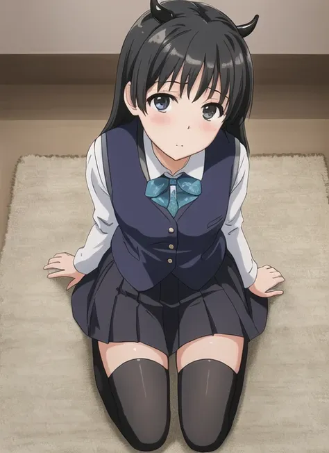 <lora:saten:0.5> ,saten ruiko,very detailed ,highres,(masterpiece_1.0),(best quality_1.0),(seiza),(body in frame),((on knees)),((kneeling)),thigh highs,1girl, full body,pleated_skirt,short black skirt,perspective from above,looking at viewer,