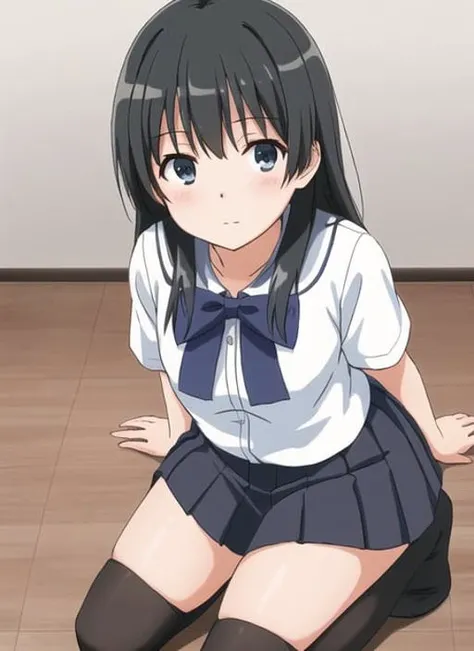 <lora:saten:0.5> ,saten ruiko,very detailed ,highres,(masterpiece_1.0),(best quality_1.0),(seiza),(body in frame),((on knees)),((kneeling)),thigh highs,1girl, full body,pleated_skirt,short black skirt,perspective from above,looking at viewer, (aroused face),((pov))