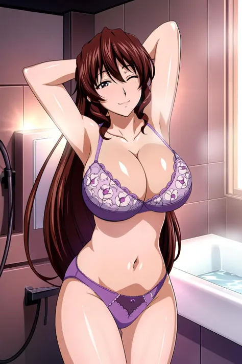 Bathroom,
underwear, underwear only,  purple panties,lingerie, navel, arms up,
<lora:Hatsune_Arisaka_TonaGura-KK77-V1:0.7>,
brown hair,Banges,Brown_Eyes,one eye closed, underwear only, 
<lora:Mariana_Luciano_NON_VIRGIN-KK77-V1:0.3>,<lora:more_details:0.1>,
1 girl, 20yo,Young female,Beautiful Finger,Beautiful long legs,Beautiful body,Beautiful Nose,Beautiful character design, perfect eyes, perfect face,expressive eyes,perfect balance,
looking at viewer,(Focus on her face),closed mouth, (innocent_big_eyes:1.0),Light_Smile,
official art,extremely detailed CG unity 8k wallpaper, perfect lighting,Colorful, Bright_Front_face_Lighting,shiny skin,
(masterpiece:1.0),(best_quality:1.0), ultra high res,4K,ultra-detailed,
photography, 8K, HDR, highres, absurdres:1.2, Kodak portra 400, film grain, blurry background, bokeh:1.2, lens flare, (vibrant_color:1.2),professional photograph,
(Beautiful,large_Breasts:1.4), (beautiful_face:1.5),(narrow_waist),